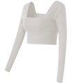 Eng anliegendes weißes Langarm-Crop-Top mit Karree-Ausschnitt für Yoga und Fitnesstraining - S / Off-White