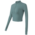 Slim fit sage green half-zip crop top with thumbholes for yoga and running sports - Grey Green
