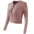 Slim fit long sleeve crop top sports shirt with half-zipper collar in dusty rose color - L / Pink