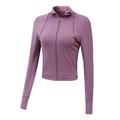 Damen Sportjacke mit Reißverschluss, Stehkragen und Daumenlöchern in elegantem Grauviolett - S / Lila