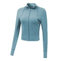 Slim fit misty blue sports jacket with stand collar and thumbholes for yoga and running - Green