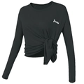 Atmungsaktives schwarzes Langarm-Yoga-Top mit Knotendetail und Buchstabendruck für Sport - Schwarz
