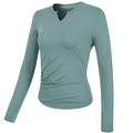 Slim fit sage green V-neck long sleeve workout top with side ruching details - Green (With Thumbholes)