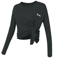 Women's black long sleeve sports crop top with front knot design and breathable fabric - S / Black