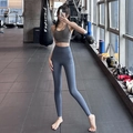 Two-piece yoga set with charcoal grey sports bra and high-waist grey-blue leggings - Blue