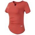 Brick red short sleeve fitness T-shirt for women with V-neck and side drawstring detail - S / Brown Red