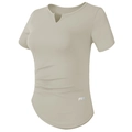 T-shirt de sport slim à col en V pour femme en beige avec taille froncée pour fitness - Blanc Cassé