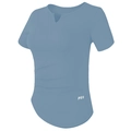 Détail du haut de sport cintré bleu-gris avec col en V et fronces latérales à la taille - Bleu