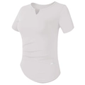 Detail view of white V-neck sports t-shirt with side ruching and curved hemline - S / White