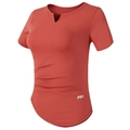 T-shirt de sport femme rouge brique, coupe moulante, col en V avec détails froncés - Rouge Brun