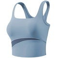 Light blue sports bra with square neckline and dark blue mesh patchwork design - S / Blue