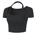 Slim fit black short sleeve yoga top with halter neck inner layer and buckle detail - S / Black