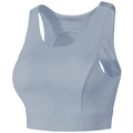 Breathable mesh sports bra in misty blue with wide straps and high support back view - Warm Grey