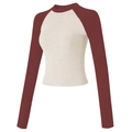 Slim fit contrast raglan long sleeve yoga top in beige and reddish brown knit - S / Wine Red and Cream Patchwork