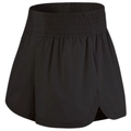Women's black high waisted two-in-one athletic shorts with wide elastic waistband - S / Black