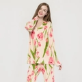 Set pigiama in seta da donna con stampa tulipani, top a maniche lunghe e pantaloni rosa - XL / Beige Rosa Floreale