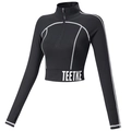 Women's black cropped yoga top with half-zipper, thumb holes, and contrast stitching - S / Black