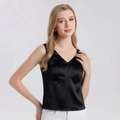 Elegante top a canotta in raso di seta nera da donna con scollo a V e imbottitura - M / Nero