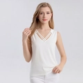 Elegant white silk knit V-neck tank top featuring a crisscross detail for women - M / White