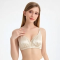 Reggiseno in seta color champagne con pizzo e scollo a V senza ferretto, elegante - M / Champagne