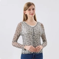 Women's silk mesh cardigan featuring dark brown floral print and front buttons - XL / Pattern No. 672