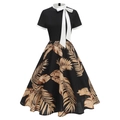 Détail de robe trapèze vintage avec col à nœud et imprimé de feuilles de palmier noir - S / Feuille Noire