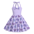 Dettaglio dell'abito a trapezio lavanda per bambina con fiocco e stampa di farfalle - XS (110) / Farfalla