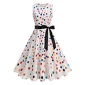 Detail of white sleeveless polka dot dress with a black satin bow belt for a vintage style - S / Colorful Polka Dots