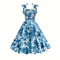 Blau-weißes geblümtes Sommerkleid mit Bindeträgern und gesmoktem Rückenteil - S / Blau
