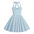 Dettaglio di un abito retrò azzurro con scollo all'americana e grande fiocco decorativo - XS (110) / Azzurro