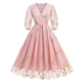Detailed embroidery of colorful flowers and butterflies on pink V-neck mesh dress - S / Pink