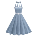 Abito retrò azzurro a pois con scollo all'americana, fiocco e cintura bianca in vita - S / Azzurro