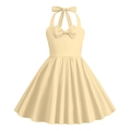 Dettaglio dell'abito retrò da ragazza con allacciatura al collo, fiocco e pois color crema - XS (110) / Albicocca