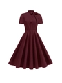 Elegant retro high-neck A-line dress in dark wine red with large bow tie and puffy hem - S / Wine Red