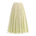 Pastel green tulle midi skirt with daisy embroidery and elastic high waist design - S / Yellow