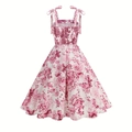 A-Linien Sommerkleid mit Blumenmuster, eckigem Ausschnitt und Bindebändern - S / Rosa