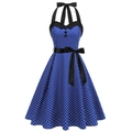 Robe vintage bleue à pois avec encolure licou, décolleté cœur et ceinture à nœud - S / Bleu foncé