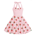 Detail eines rosa Neckholder-Kleid für Mädchen mit Erdbeermuster und Schleife am Ausschnitt - XS (110) / Erdbeere