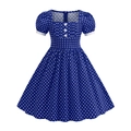 Abito retrò blu scuro a pois con scollo quadrato, maniche a sbuffo e vita alta - 110 / Blu scuro