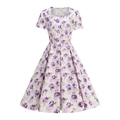 Dettaglio dello scollo quadrato retrò e stampa floreale di rose viola su abito bianco - S / Viola