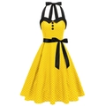 Retro gele polkadot halterjurk met zwarte strik en wijde vintage swing rok - S / Geel