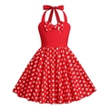 Vintage Mädchen Neckholder Kleid mit rot-weißem Punktemuster und Rockabilly-Schleife - XS (110) / Rot mit weißen Punkten