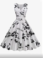 Détail de robe vintage à fleurs avec col en V et design sans manches élégant et raffiné - S / Blanc