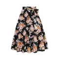Falda midi acampanada con estampado floral de talle alto y cinturón de lazo en negro - S / Negro