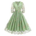 Abito midi francese verde chiaro con scollo a V, ricamo floreale e maniche a sbuffo - Taglia S / Verde
