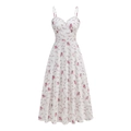 Close-up of pink floral patterns and delicate lace neckline on a white strap dress - S / White