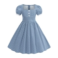 Abito vintage blu a pois per bambine con scollo quadrato e maniche a sbuffo su bianco - 110 / Azzurro