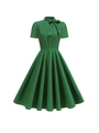 Elegant dark green puff sleeve dress with a bow neck and slim A-line silhouette - S / Dark Green