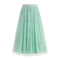 Elegante gonna midi in tulle verde menta con ricamo fenicottero e vita elastica - S / Verde