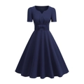 Navy blue V-neck short sleeve dress with bow belt and pleated bodice detail on white background - S / Navy Blue